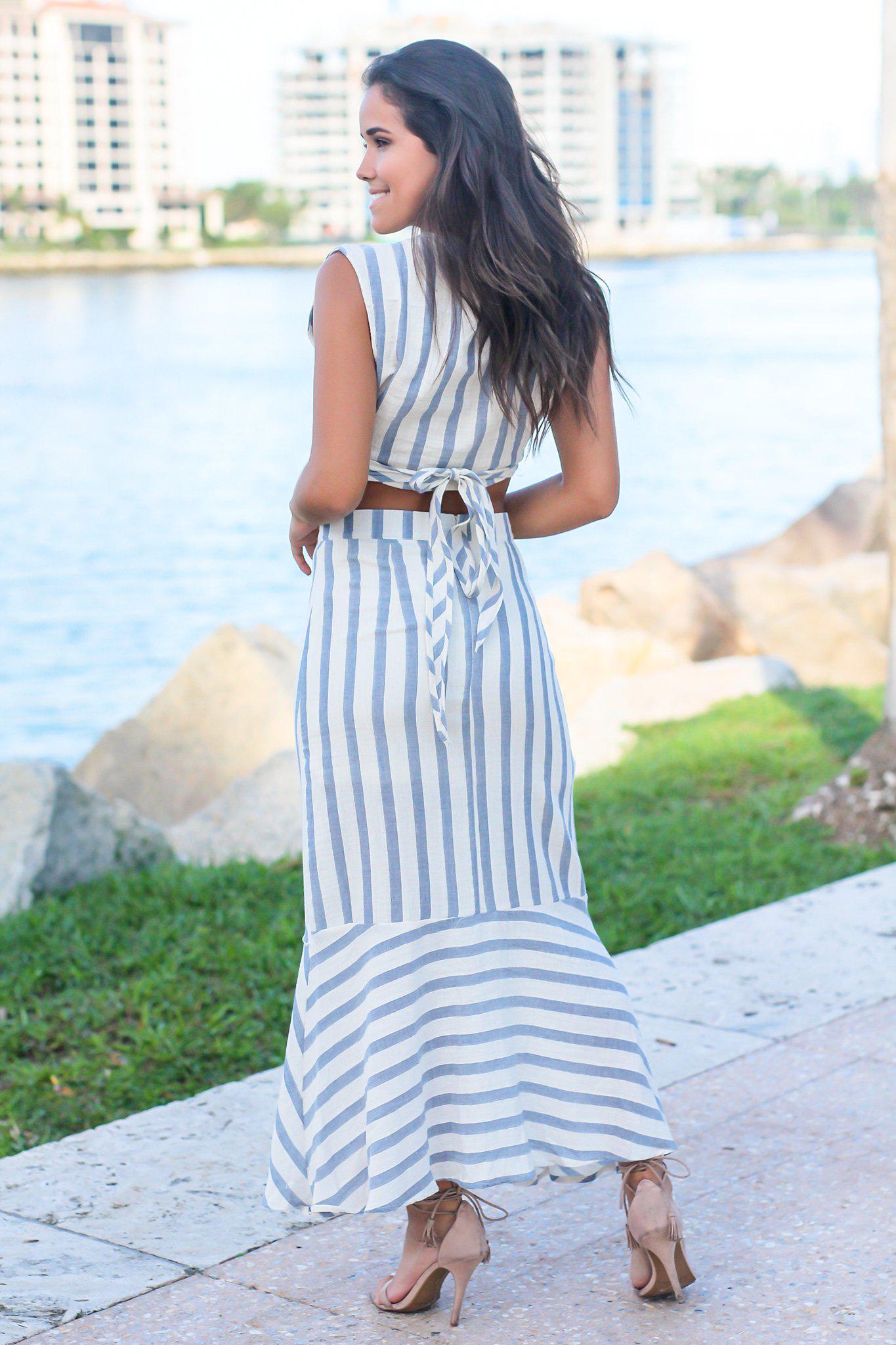 Blue Striped Crop Top and Skirt Set