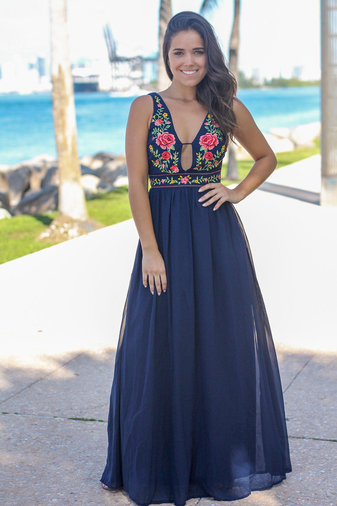 Blue V-Neck Maxi Dress with Floral Top