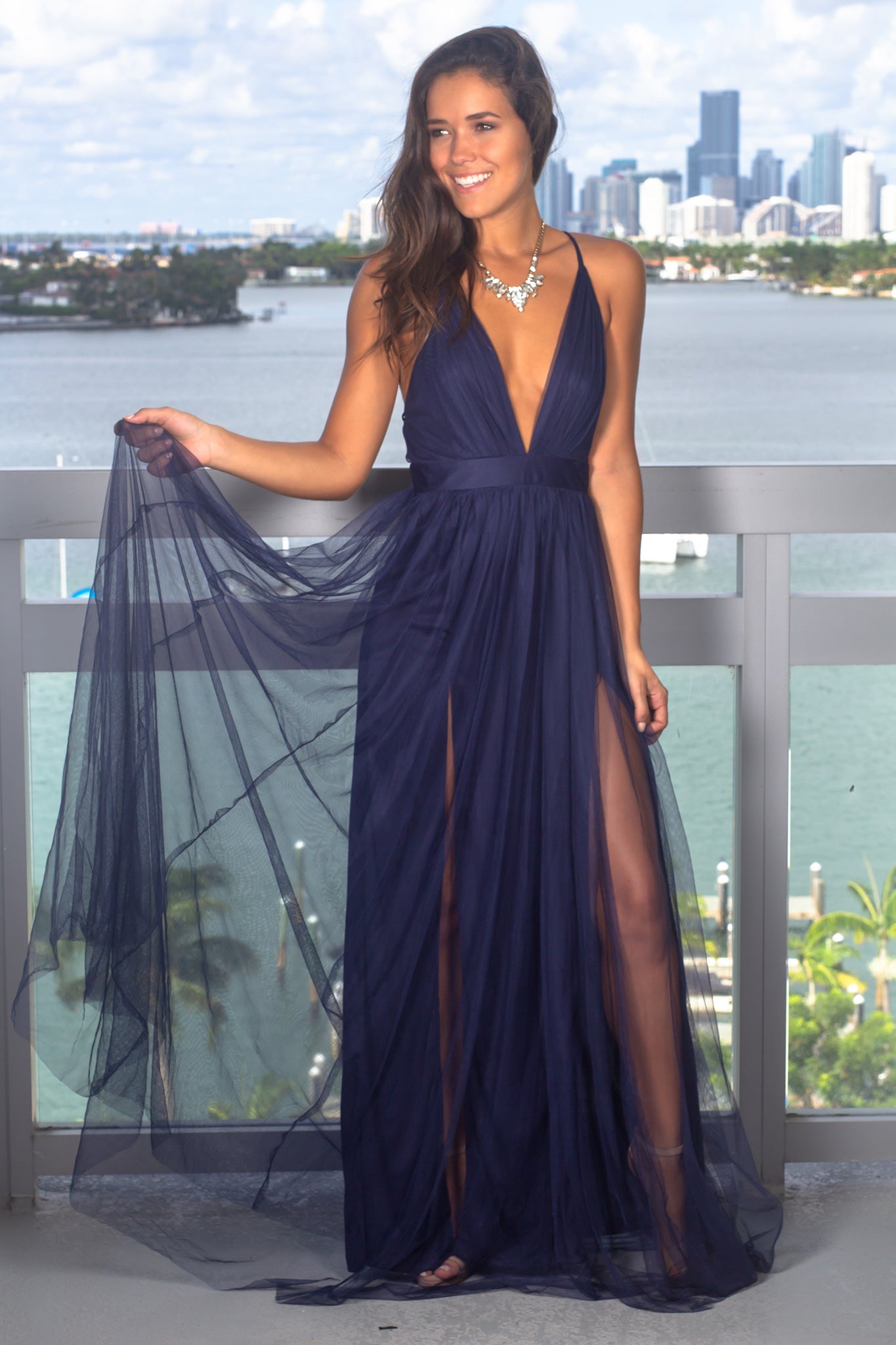 Blue V-Neck Tulle Maxi Dress with Criss Cross Back
