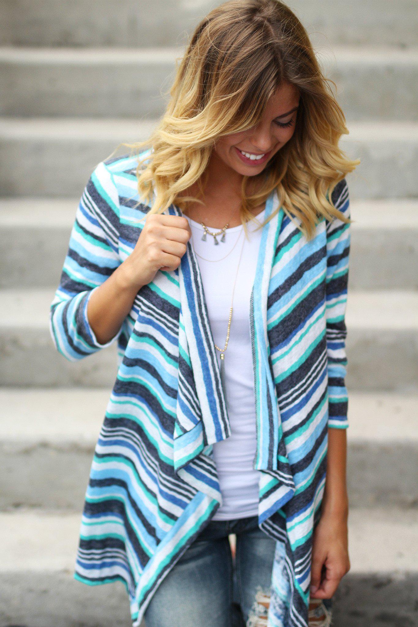 blue and green striped cardigan
