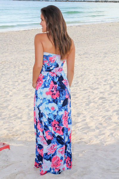 Blue and Hot Pink Floral Strapless Maxi Dress