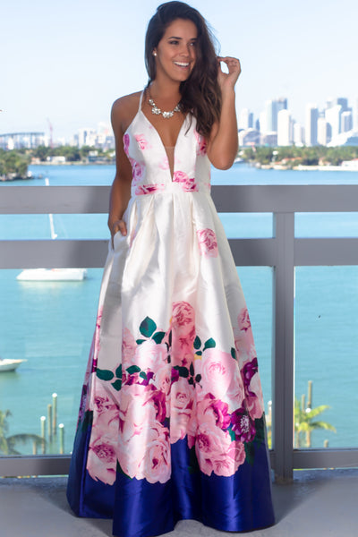 Blue and Ivory Floral Maxi Dress