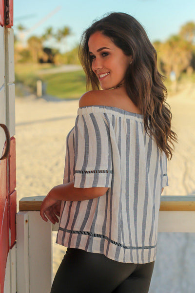 Blue and Ivory Off Shoulder Striped Top