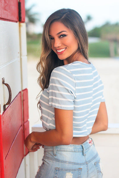 Blue and Ivory Striped Crop Top