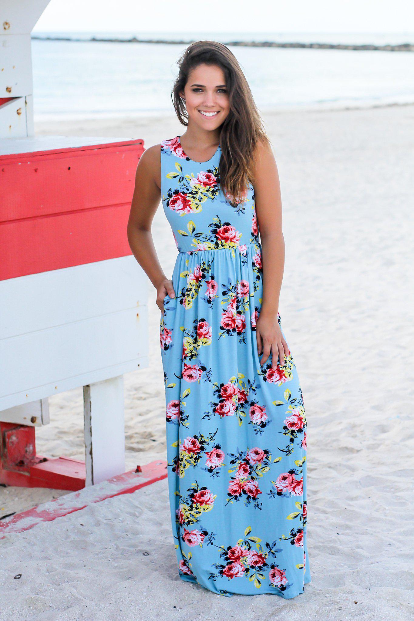 Blue and Mauve Floral Maxi Dress