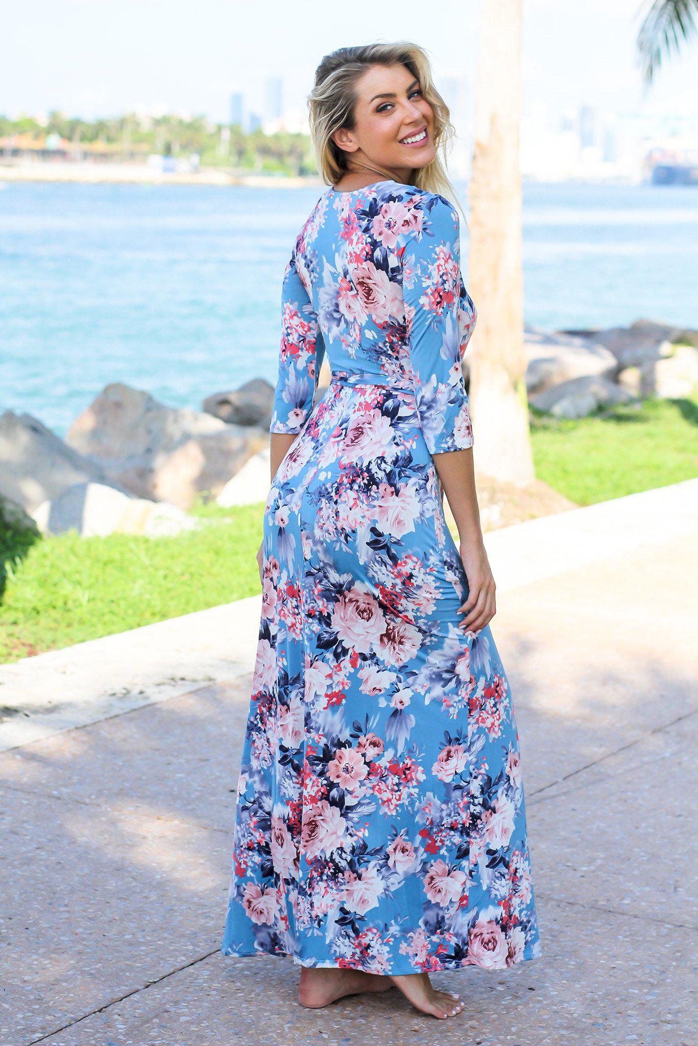 Blue and Pink Floral Wrap Maxi Dress