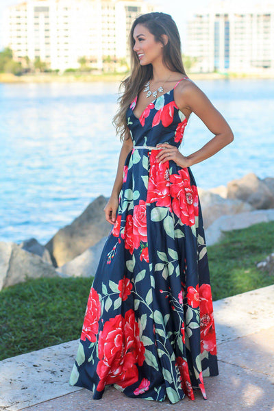 Blue and Red Floral Maxi Dress with Pockets
