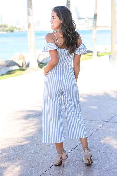 Blue and Striped Ruffle Jumpsuit