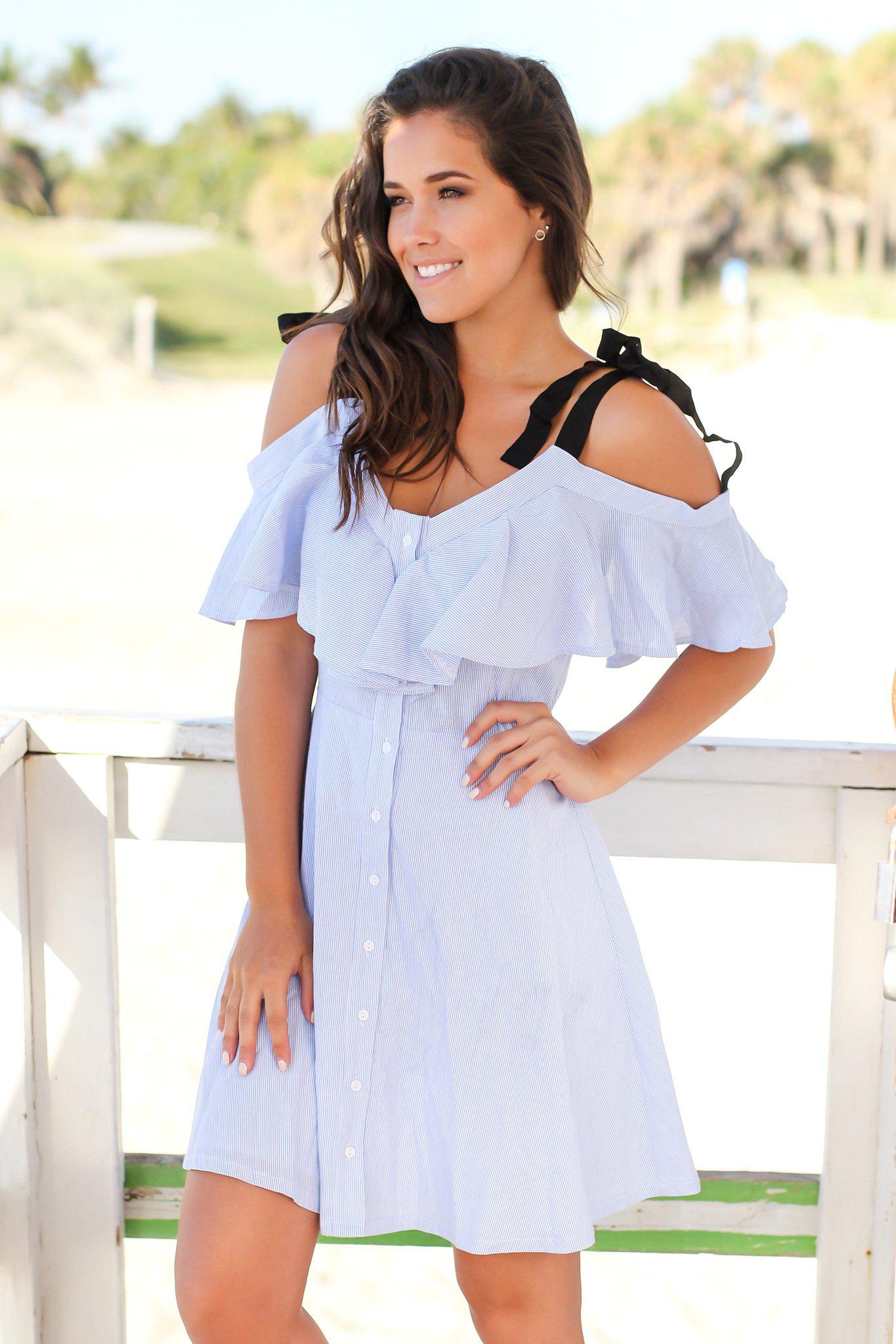 Blue and White Striped Off Shoulder Short Dress with Ruffles