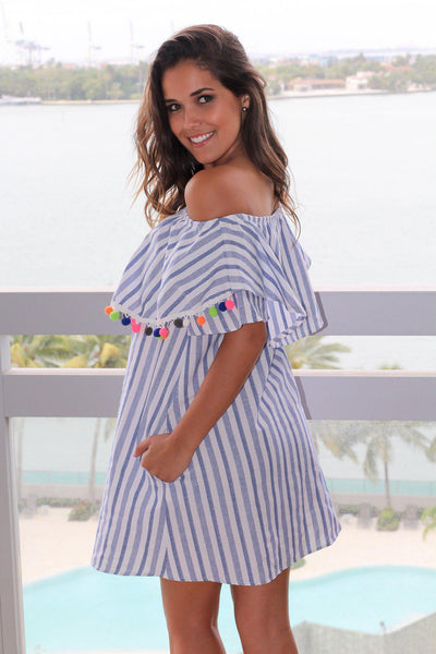 Blue and White Striped Short Dress with Pom Poms