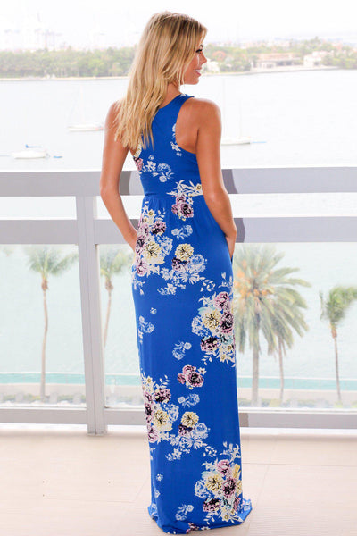 Blue and Yellow Floral Racerback Maxi Dress with Pockets