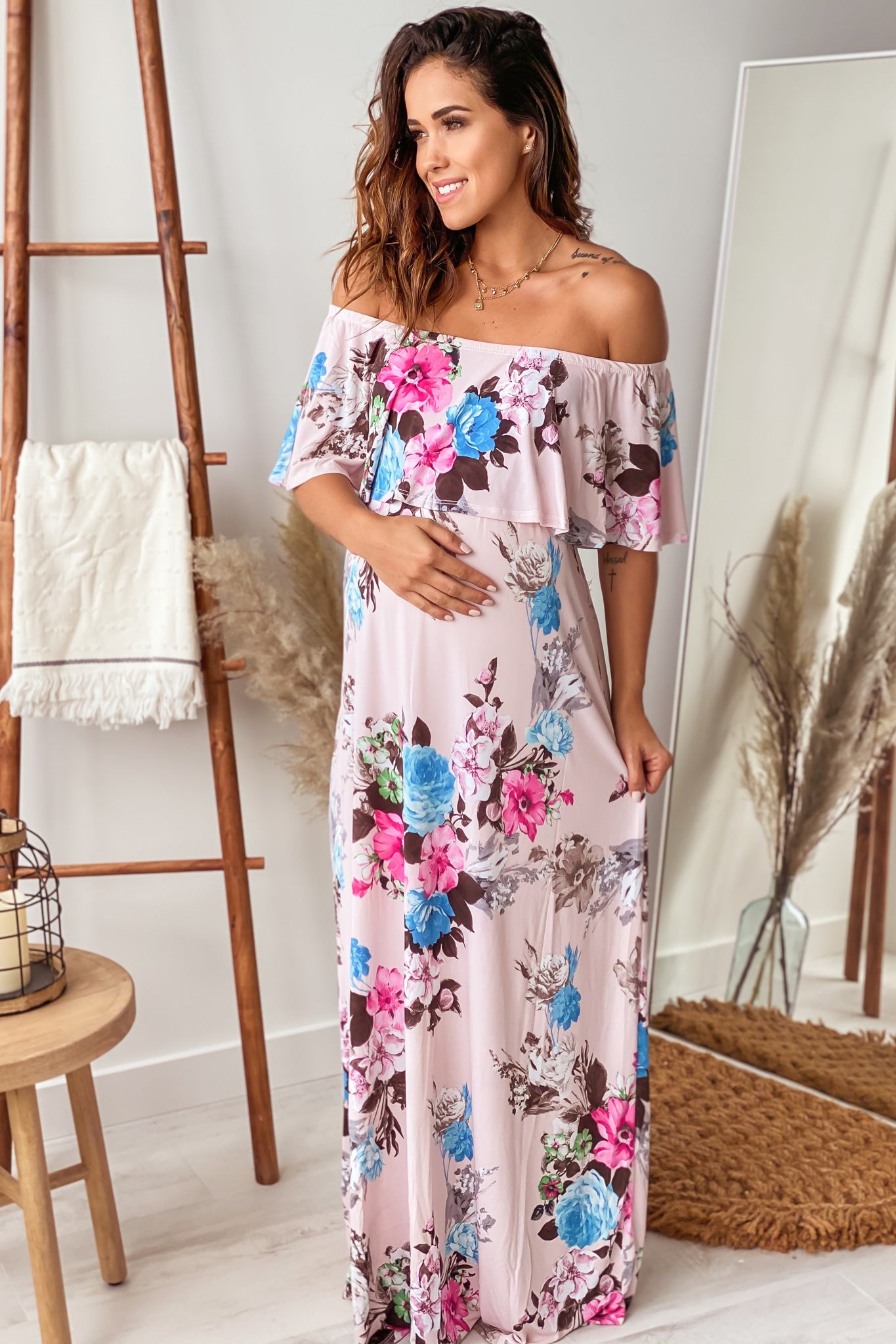 Blush Floral Off Shoulder Maternity Maxi Dress