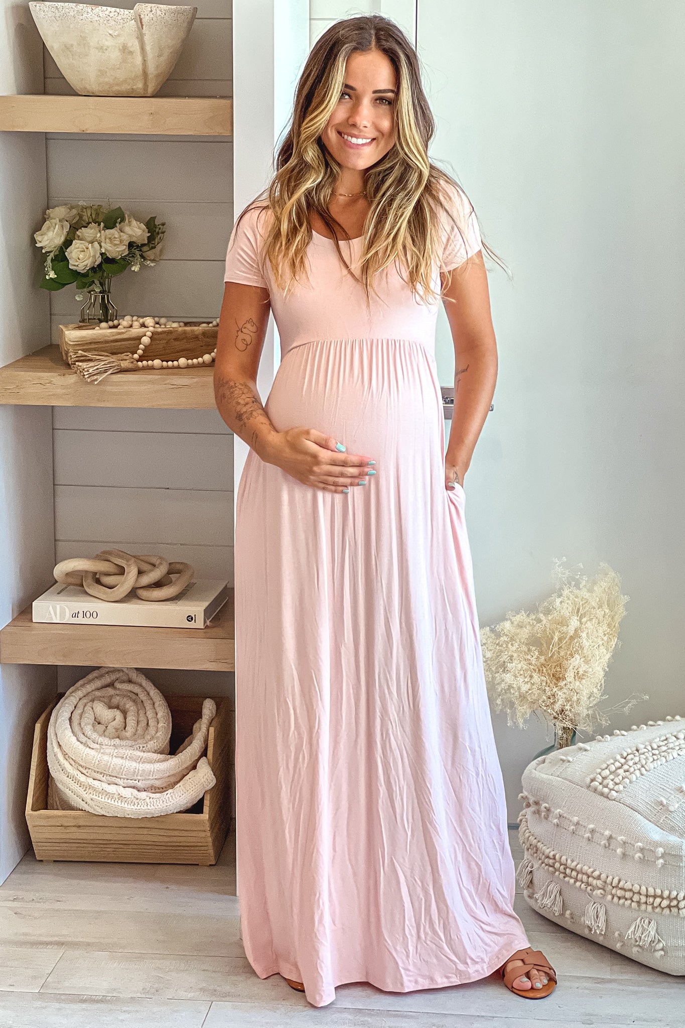 Blush Maternity Maxi Dress with Short Sleeves