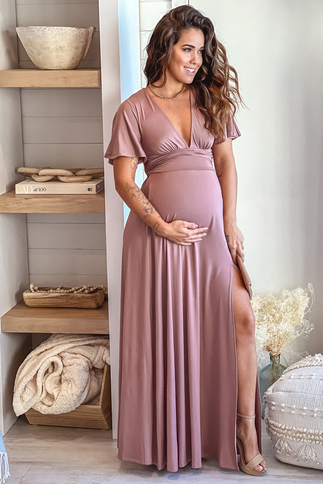 Blush Maternity Maxi Dress with Slit and Short Sleeves | Saved By The Dress Saved by the Dress Blush Maternity Maxi Dress with Slit and Short Sleeves | Saved By The Dress Saved by the Dress