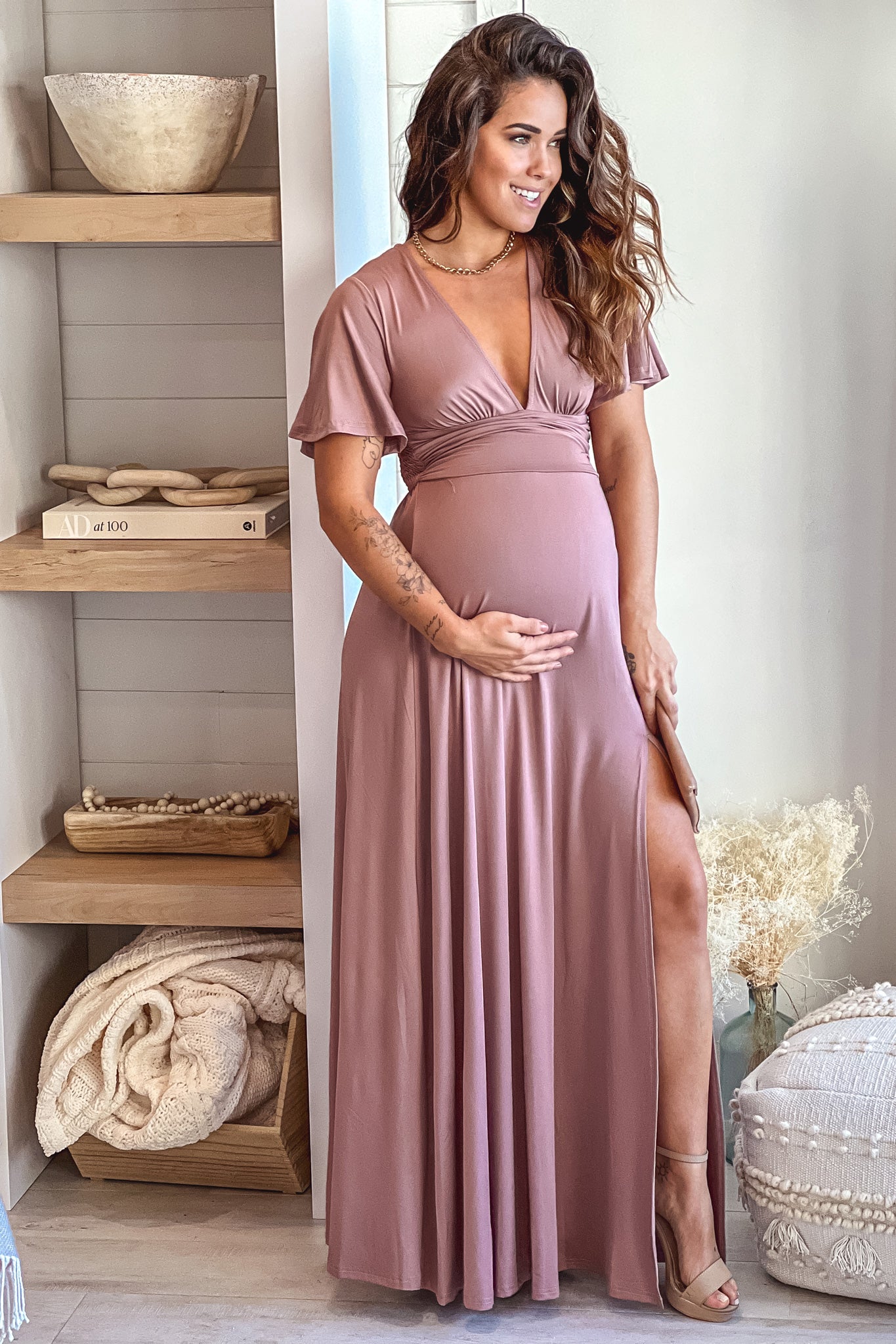 Blush Maternity Maxi Dress with Slit and Short Sleeves