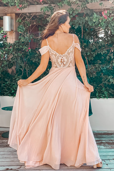 Blush Off Shoulder Maxi Dress with Lace Back
