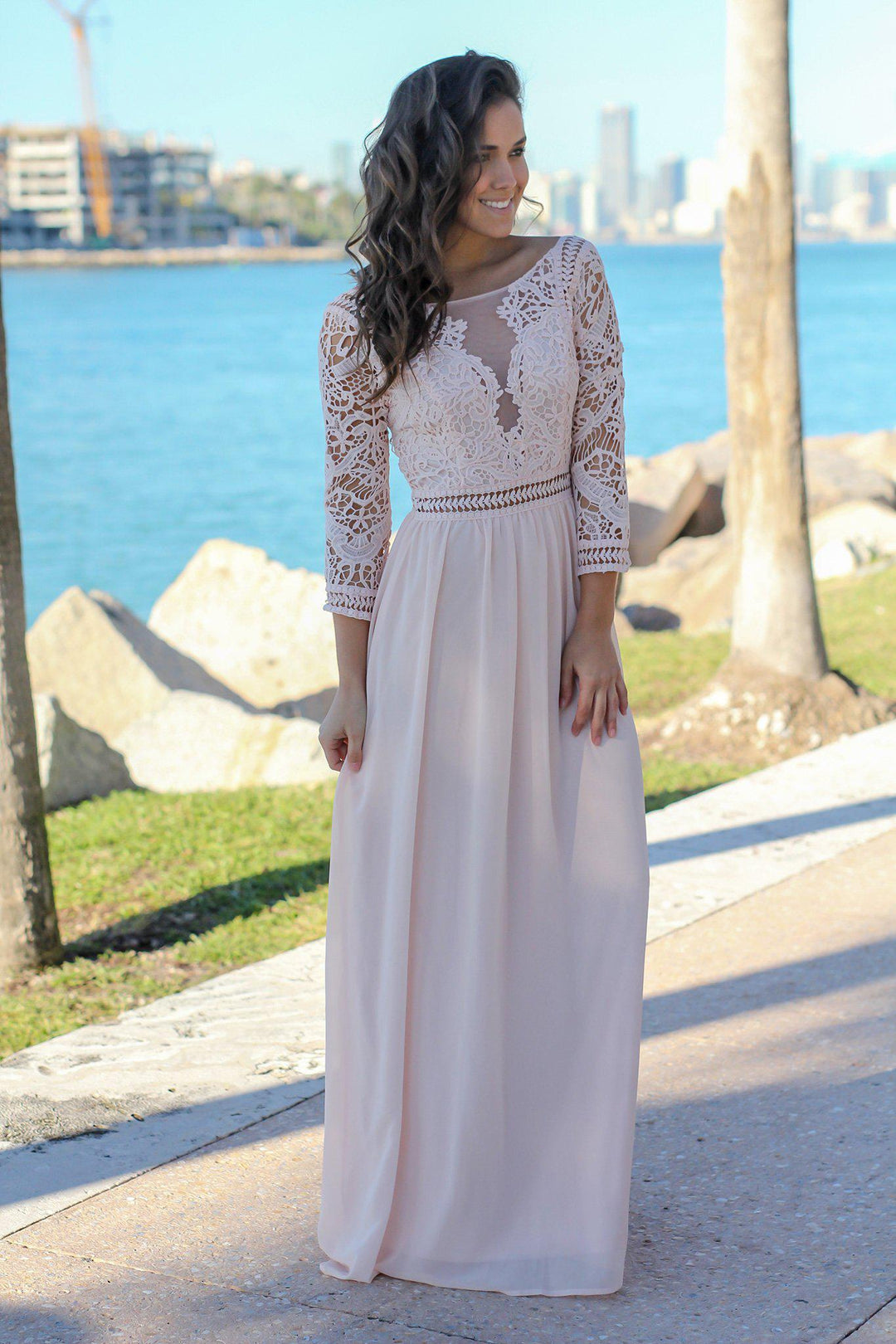 Blush Crochet Maxi Dress with 3/4 Sleeves Maxi Dresses – Saved