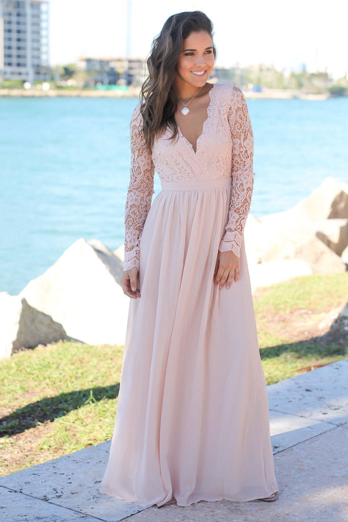 Blush Crochet Maxi Dress with Open Back and Long Sleeves | Bridesmaid  Dresses  Saved by the Dress