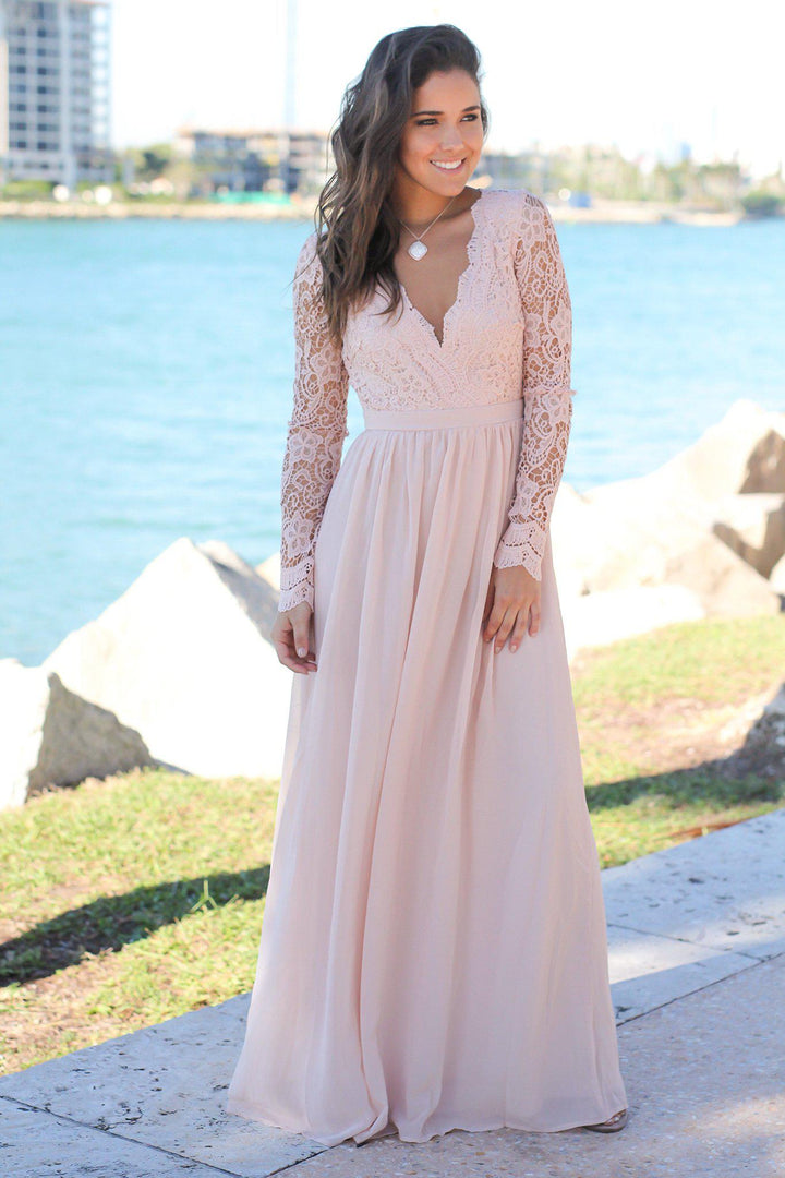 club l bridesmaid long sleeve crochet detail maxi dress Palermo Pink Crochet Plunge Maxi Dress - XS Size - Women's Dresses