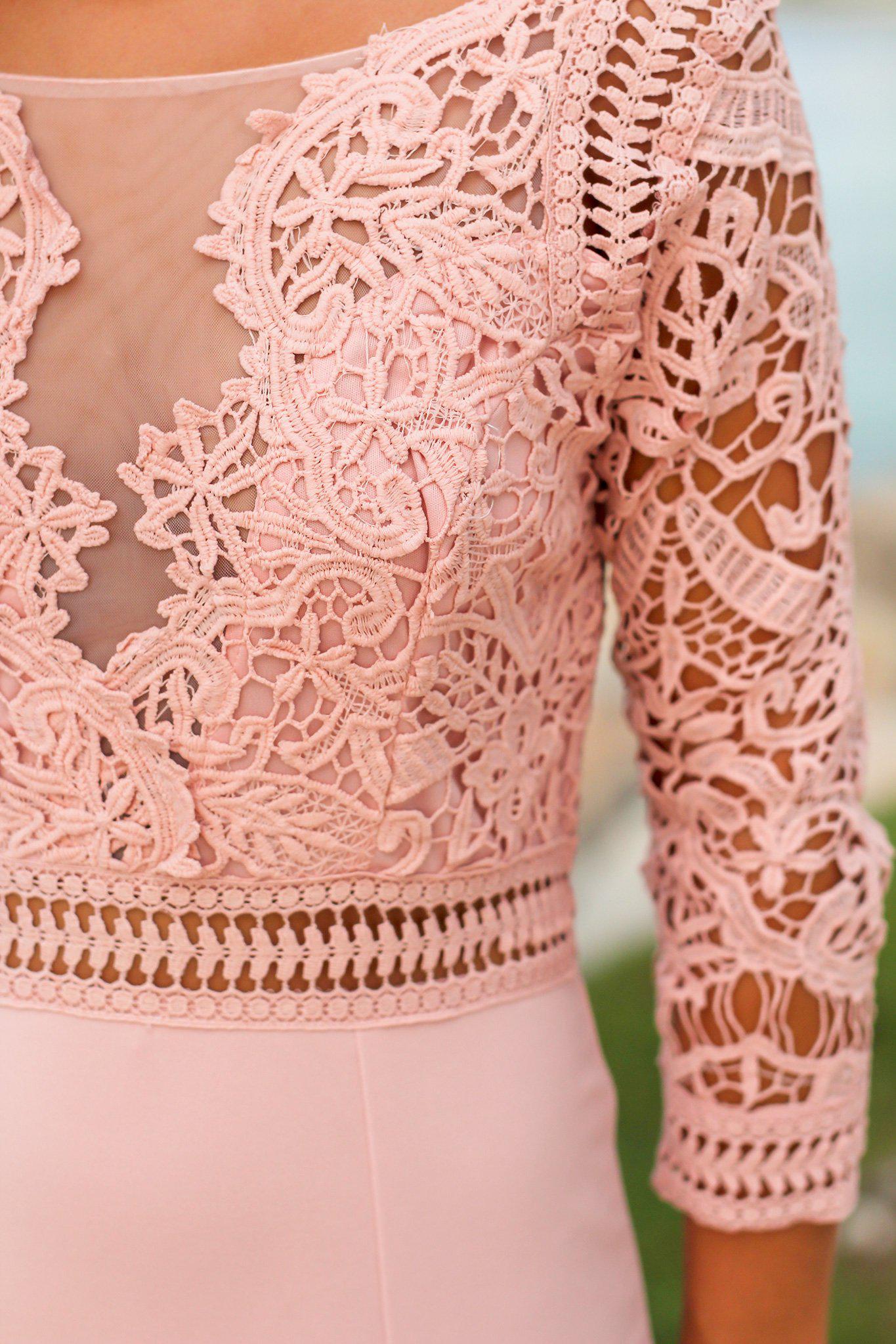Blush Crochet Top Maxi Dress with 3/4 Sleeves and Side Slit