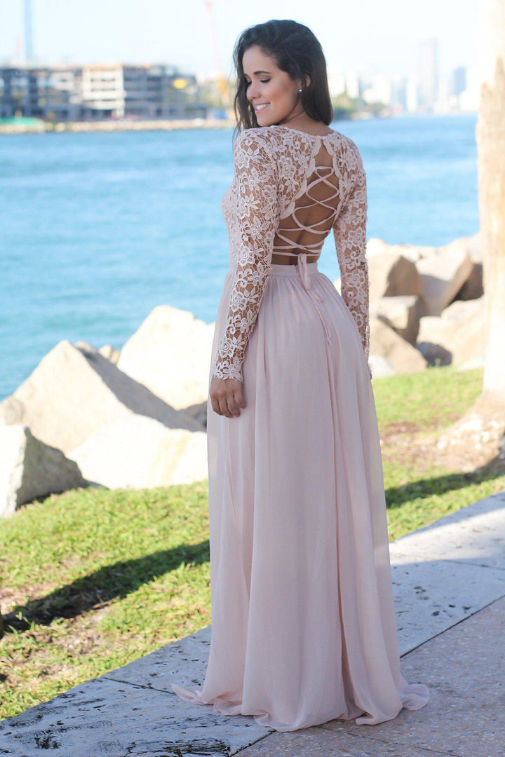 blush long sleeve bridesmaid dresses Blush Crochet Maxi Dress with Open Back and Long Sleeves main image 1