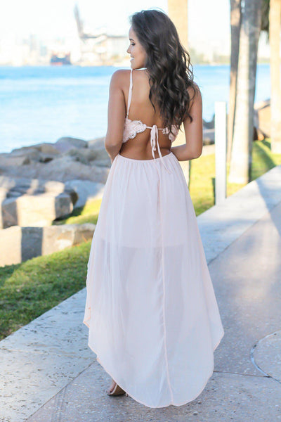 Blush Crochet Top Maxi Dress with Open Back and Slits