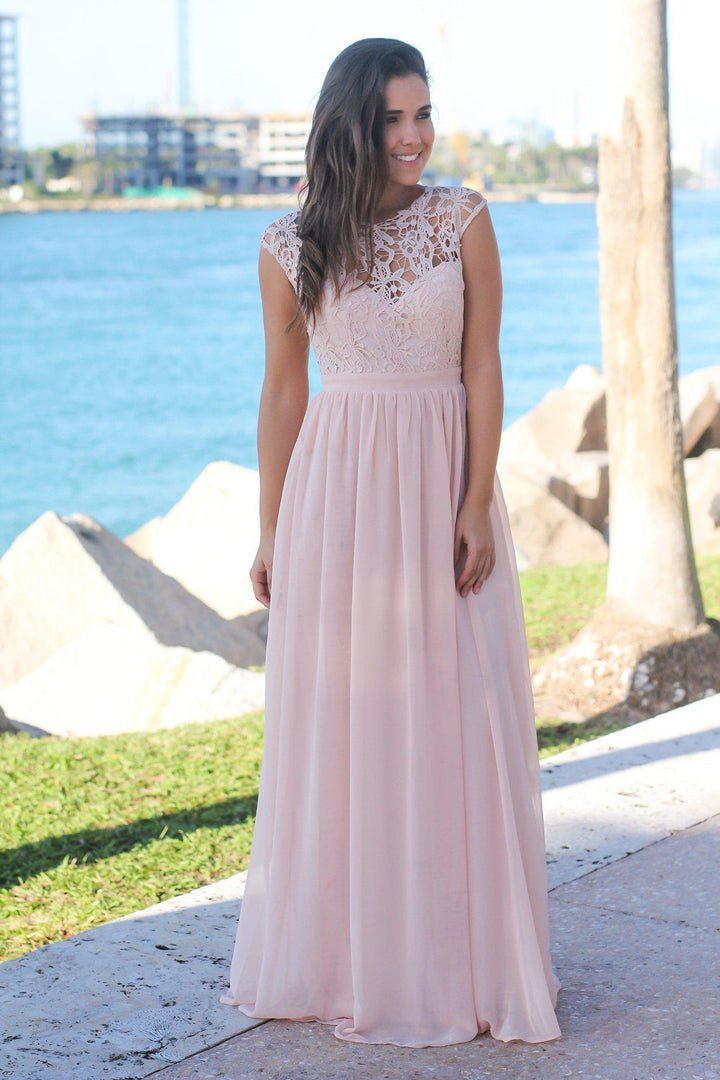 Blush Crochet Maxi Dress with Tulle Back