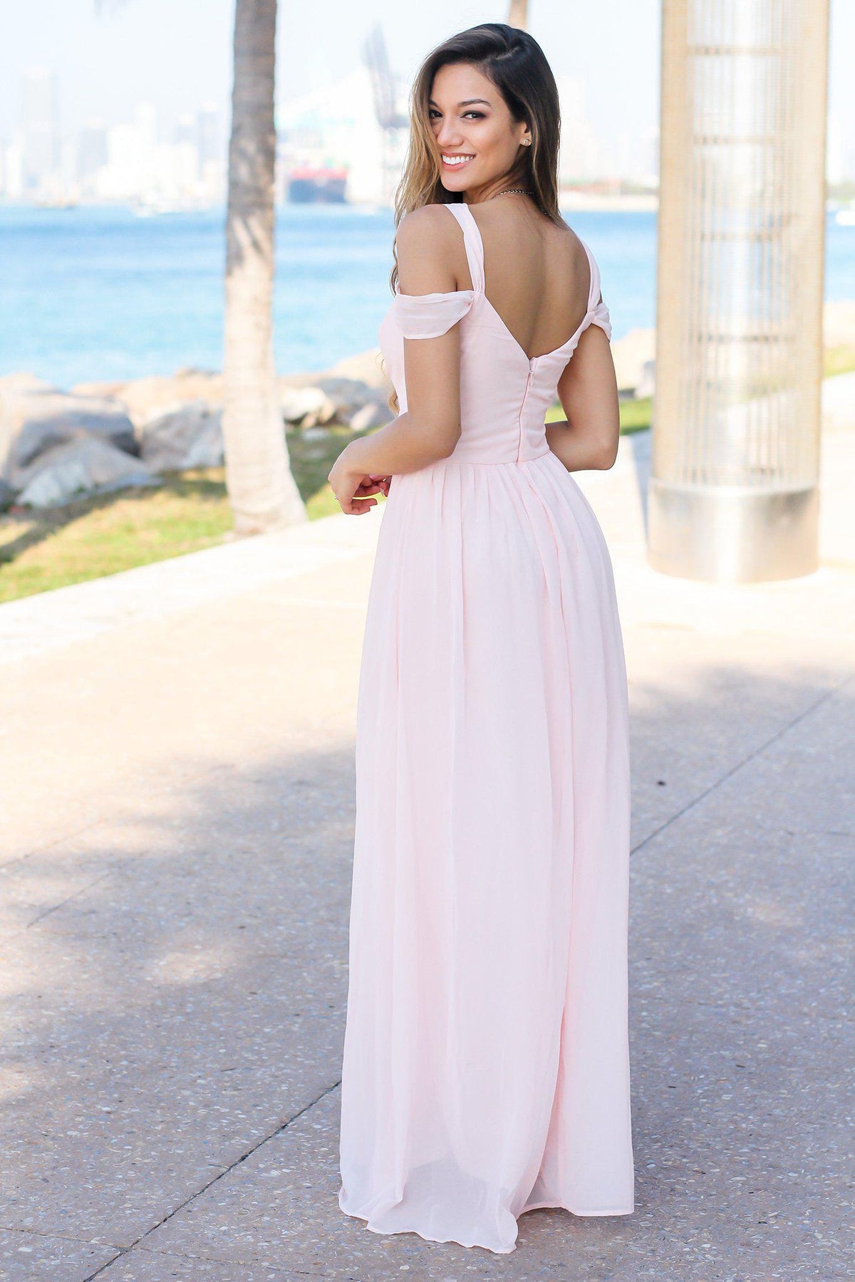 Blush Off Shoulder Maxi Dress with Pleated Top | Maxi Dresses – Saved ...