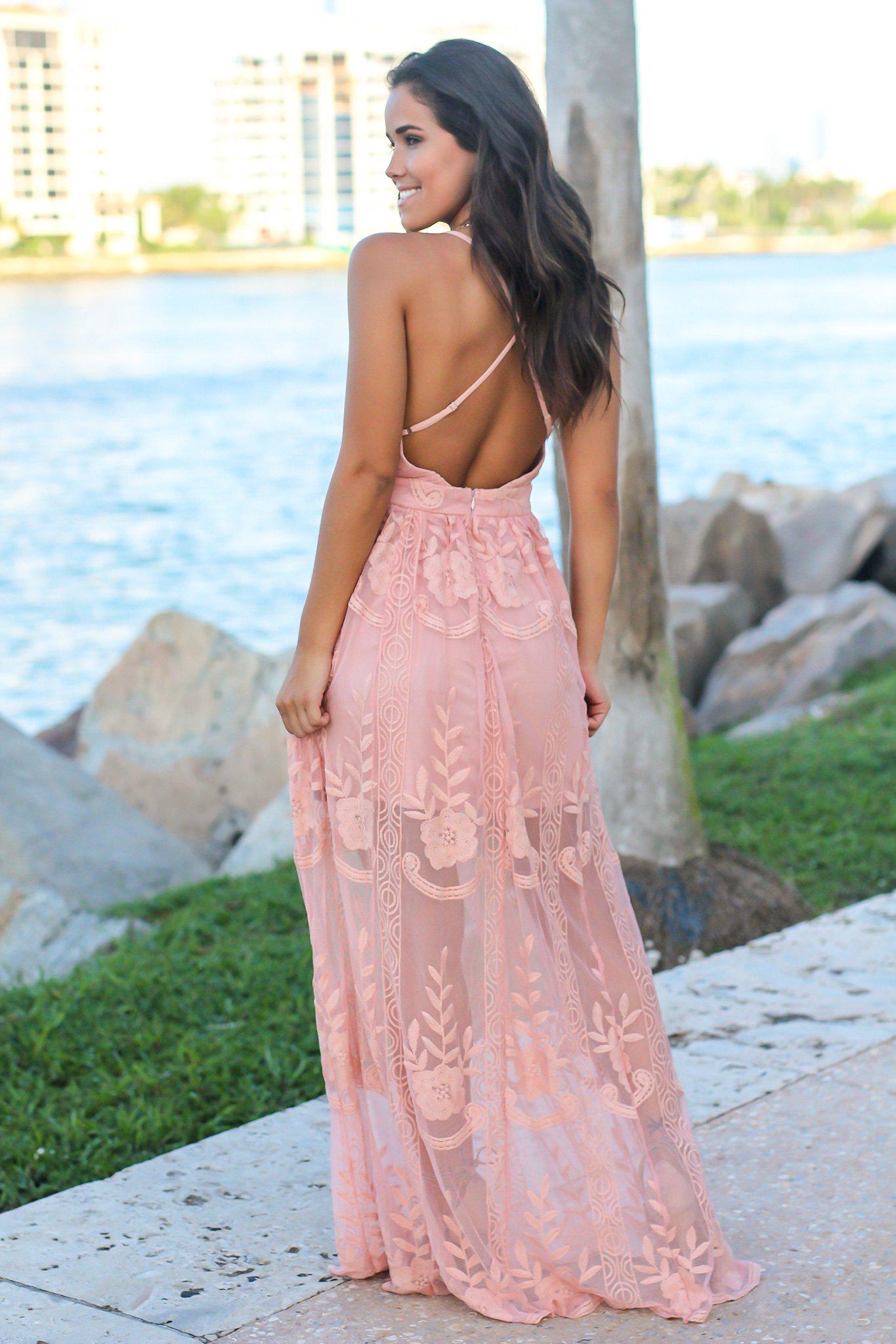 Blush Embroidered Maxi Dress with Criss Cross Back