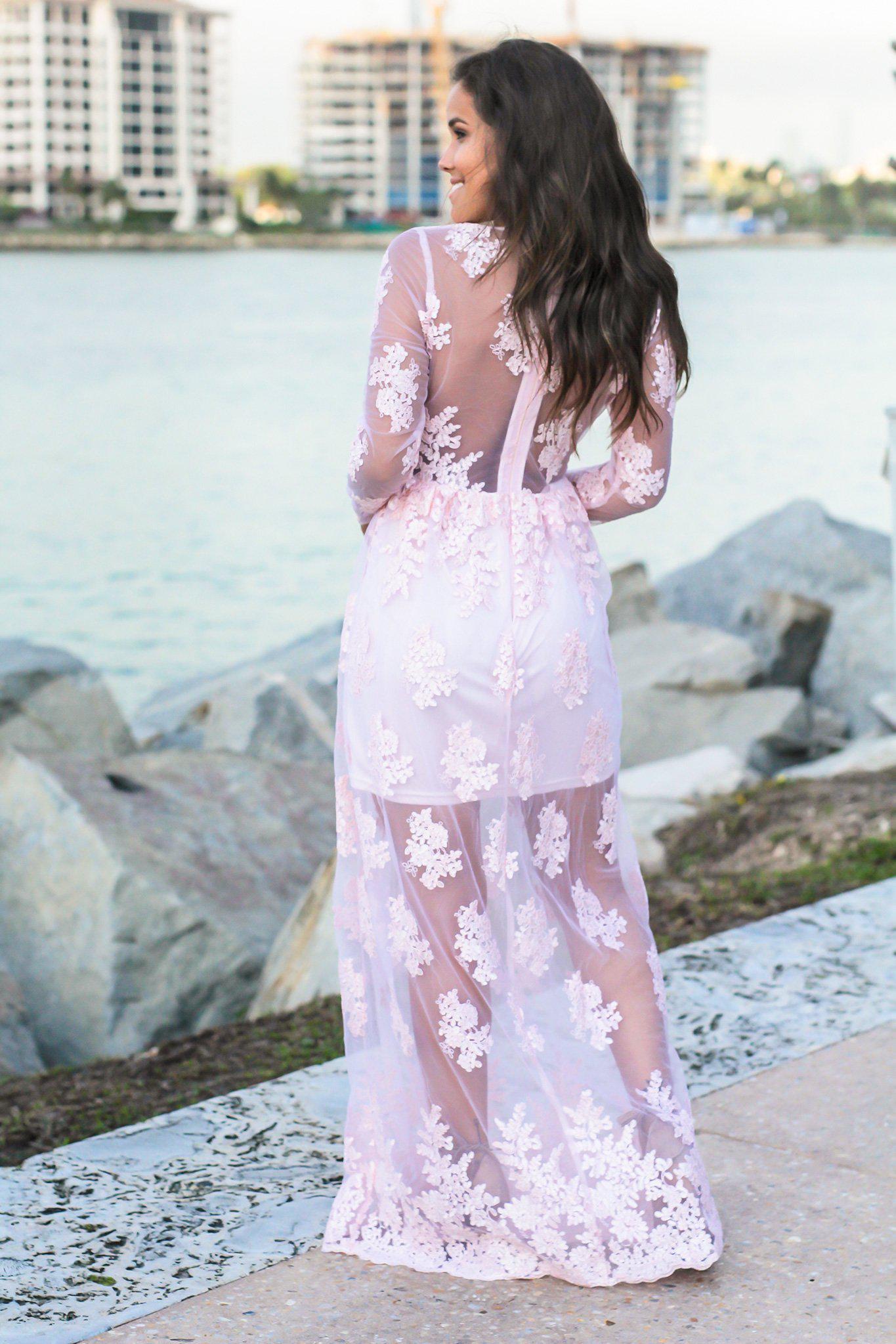Blush Embroidered Maxi Dress with Long Sleeves