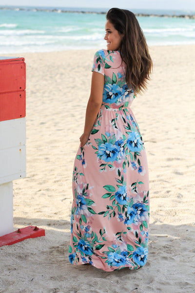 Blush Floral Print Maxi Dress with Pockets