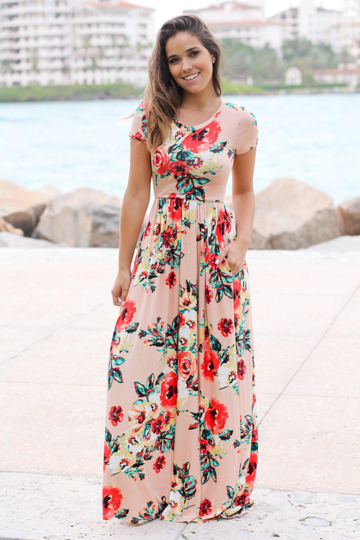 Blush Floral Short Sleeve Maxi Dress with Pockets