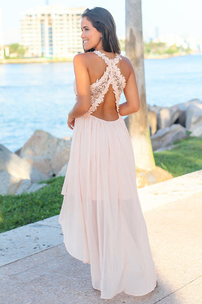 Blush High Low Dress with Crochet Cut Outs