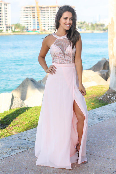 Blush Jeweled Top Maxi Dress with Tulle Back