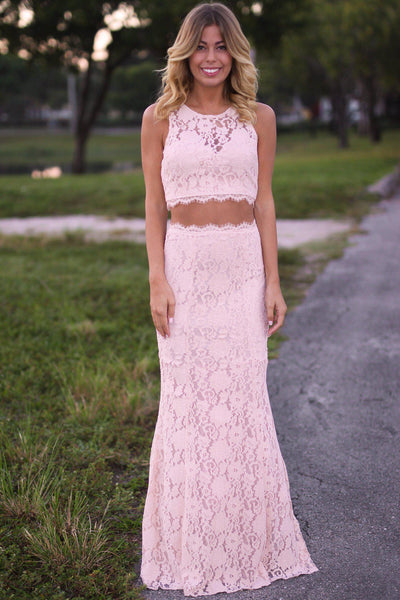 Blush Lace Crop Top and Skirt Set