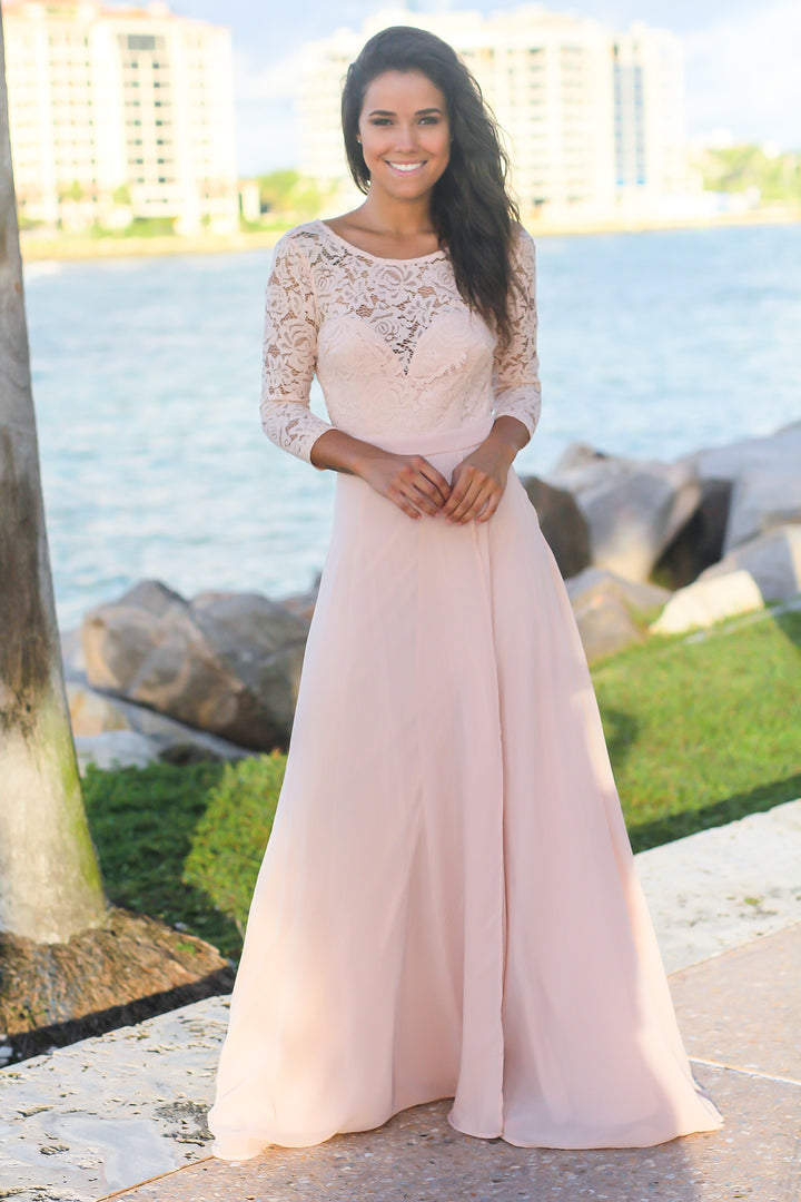 Blush Lace Maxi Dress with 3/4 Sleeves | Maxi Dresses  Saved by the Dress