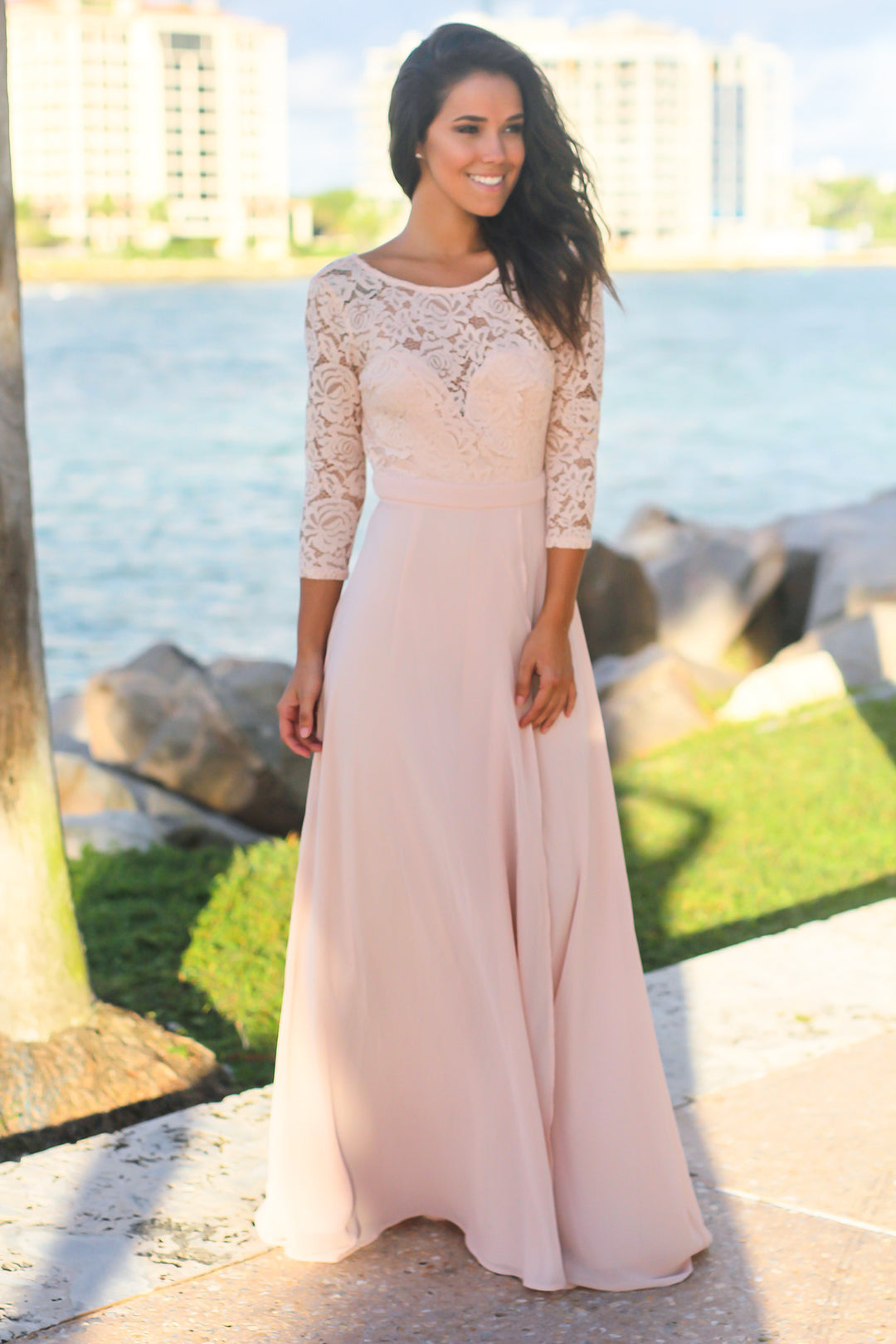chinese dress ladies Blush Lace Maxi Dress with 3/4 Sleeves