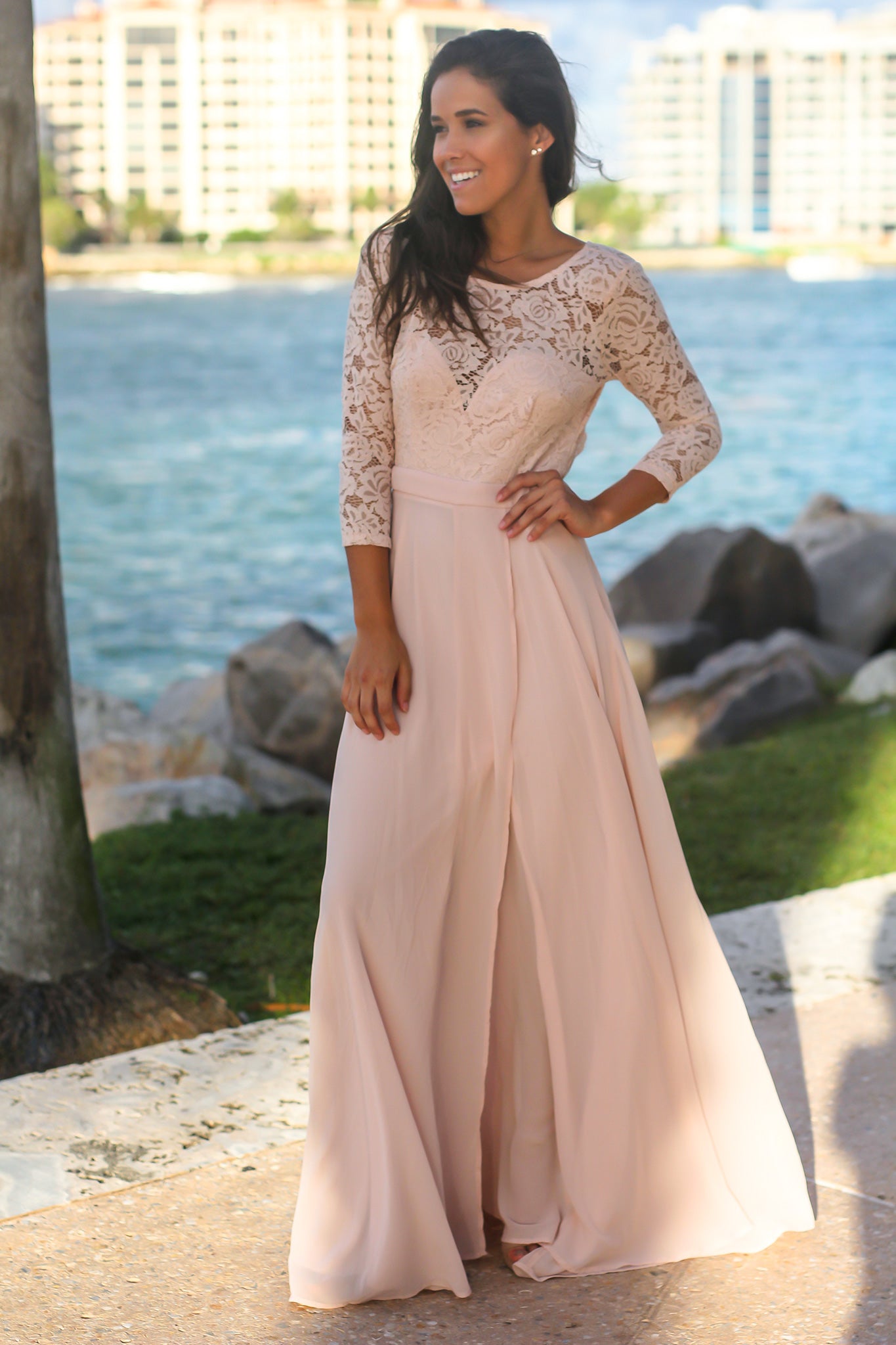Blush Lace Maxi Dress with 3/4 Sleeves
