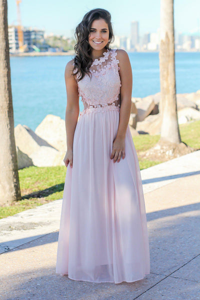 Blush Lace Top Maxi Dress with Tulle Back