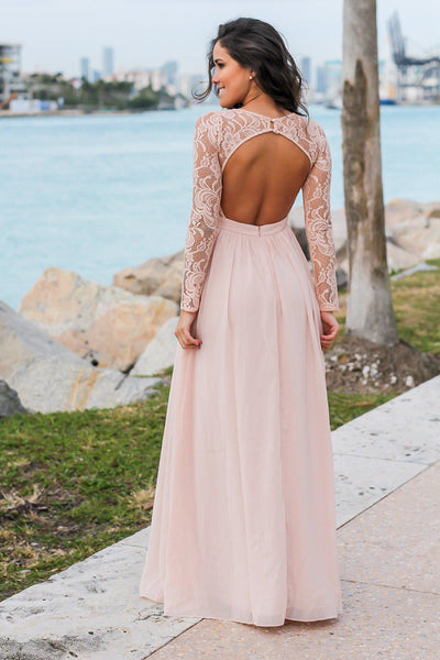 Blush Long Sleeve Maxi Dress with Crochet Top