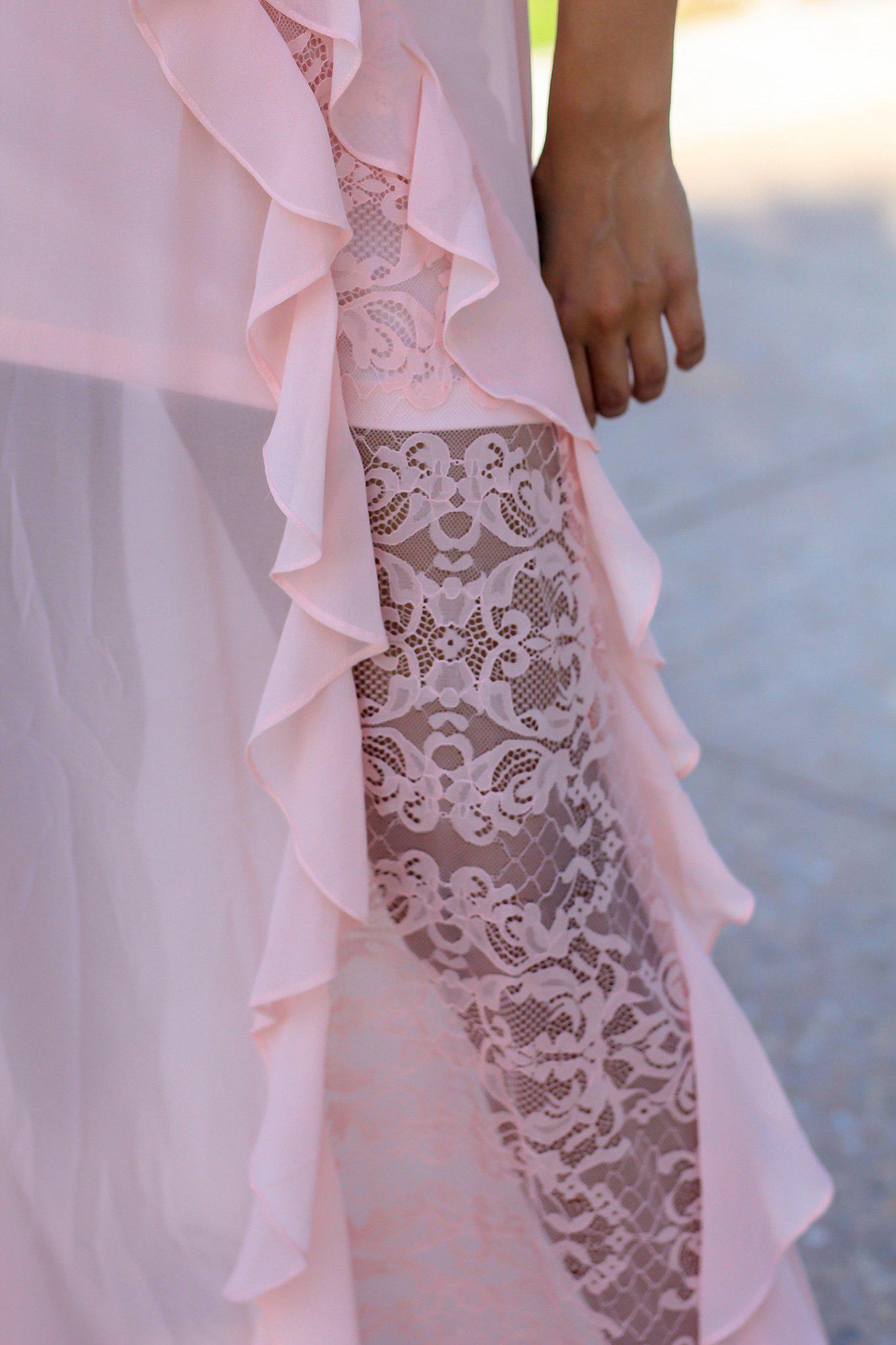 Blush Maxi Dress with Embroidered Top and Lace Detail