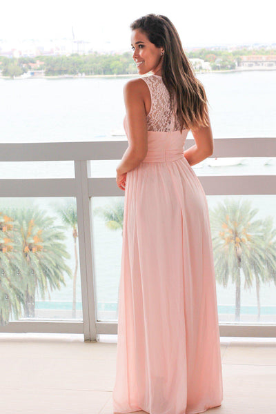 Blush Maxi Dress with Pleated Lace Top