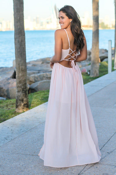 Blush Maxi Dress with Pleated Top and Lace Up Back