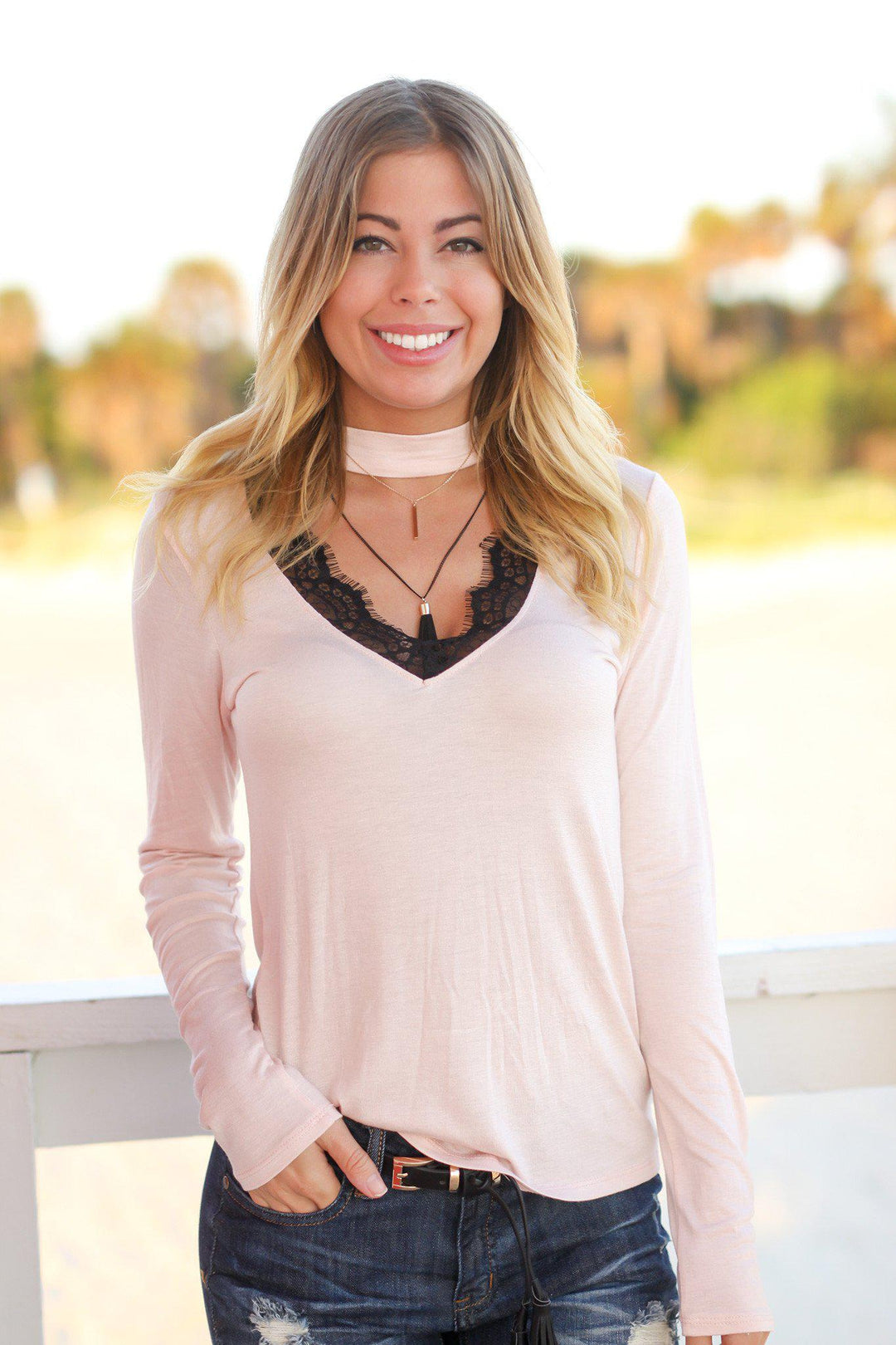 Blush Mock Neck Top with Lace Detail Cute Tops Saved by the Dress