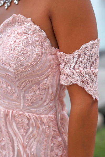 Blush Off Shoulder Embroidered Maxi Dress