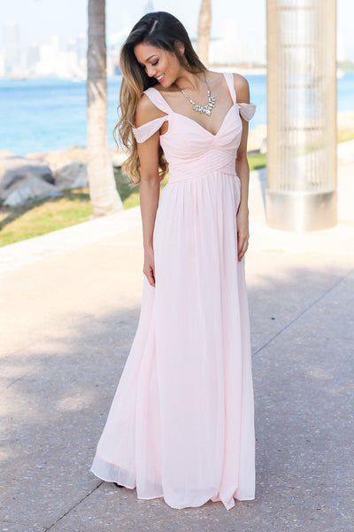 Blush Off Shoulder Maxi Dress with Pleated Top