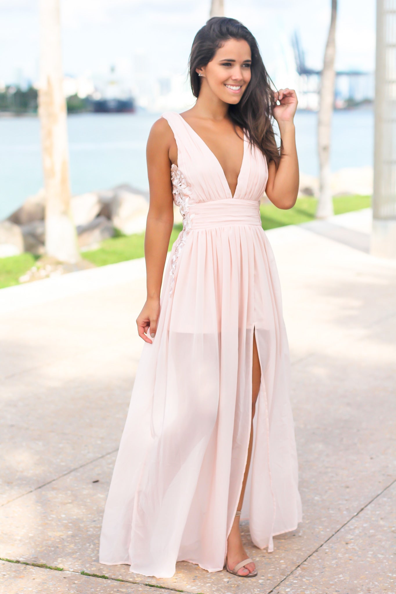 Blush Pleated Maxi Dress with Embroidered Sides