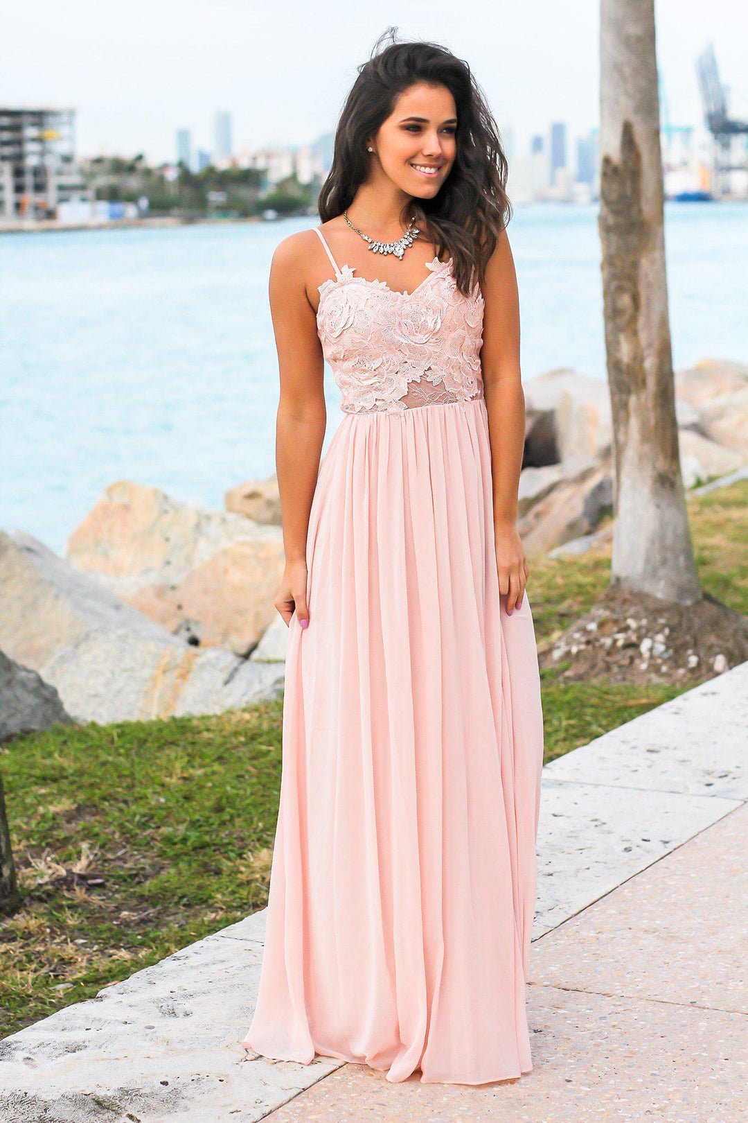 fitted lace wedding dress Blush Strapless Maxi Dress with Crochet Top
