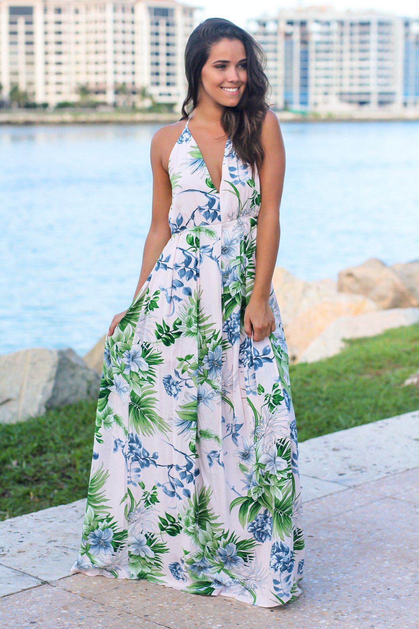 Blush Tropical Halter Neck Maxi Dress