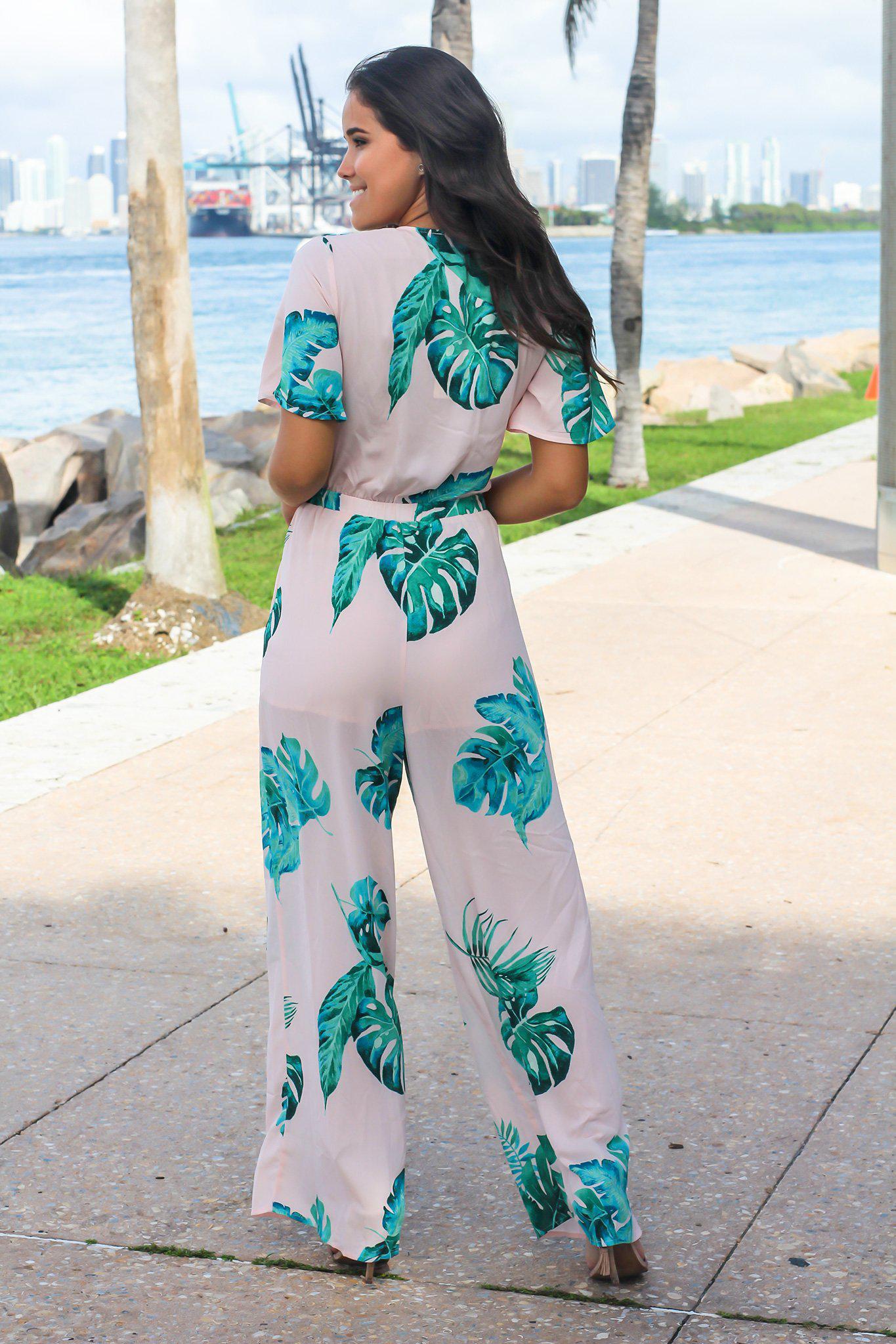 Blush Tropical Jumpsuit with Front Tie